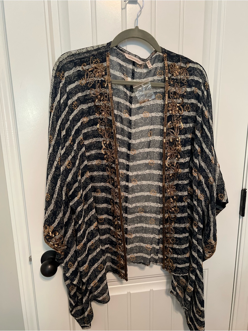 Soft Surroundings Navy and Gold Sheer Striped Beaded Kimono